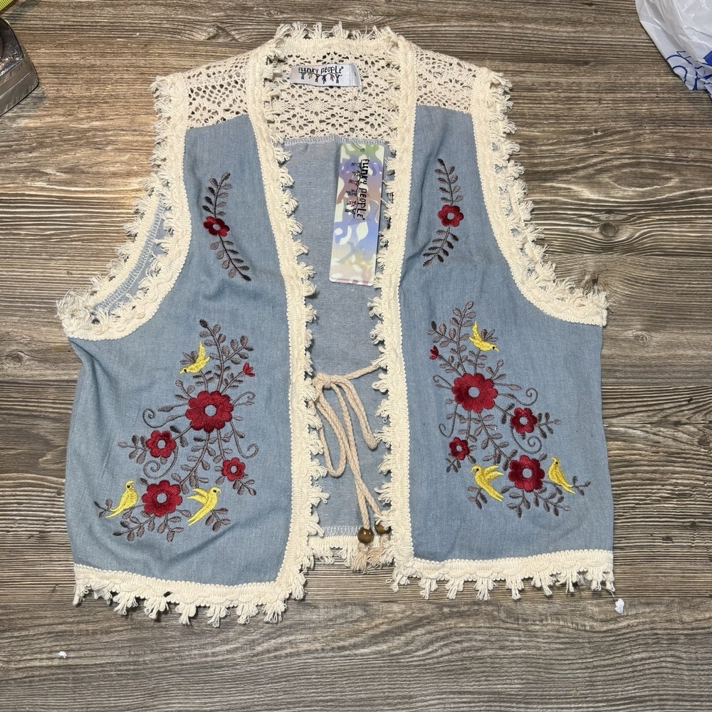 VTG Funky People Embroidered Floral Vest Festival‎ Boho Hippie